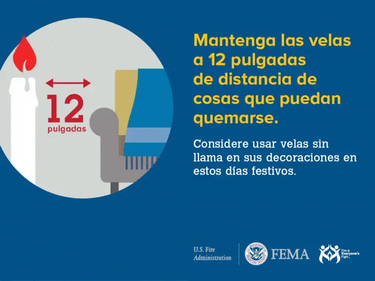 Illustration shows a lit candle with a red flame and the text "12 pulgadas" next to a chair, with a message in Spanish advising to keep candles 12 inches away from anything that can burn. FEMA and US Fire Administration logos are visible.